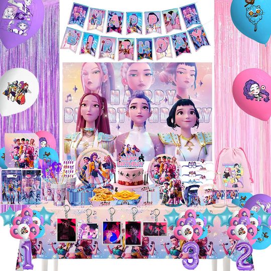 Kpop Demon Hunters Birthday Decorations Anime Kpop Demon Hunters Theme Balloon Set Backdrop Bag Plates Cup Party Favor Supplies