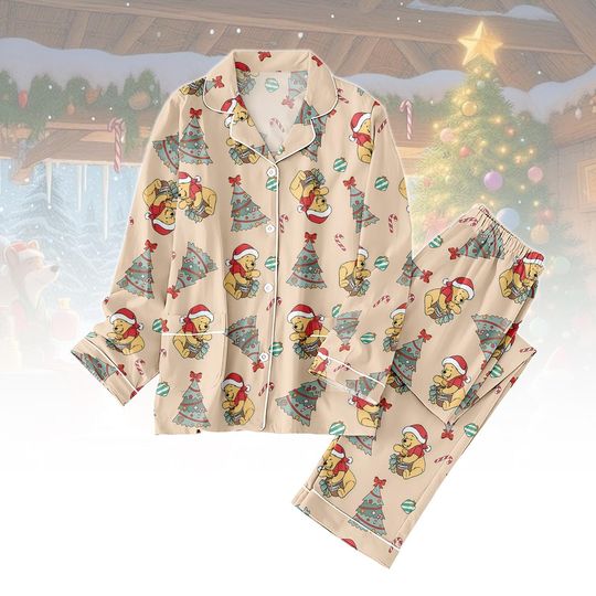 Santa Pooh Christmas Pajama Set for Adults, Winnie the Pooh Holiday Sleepwear, Disneyland Themed Loungewear