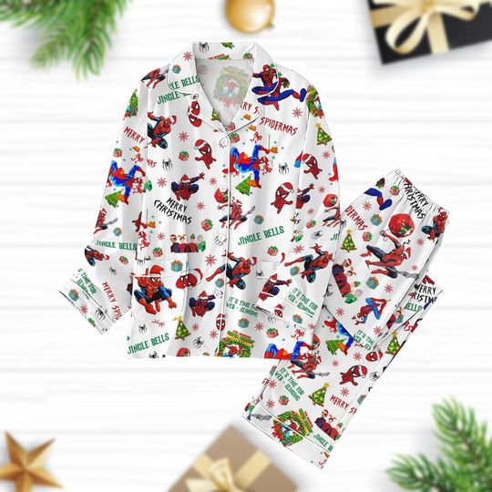 Discover Christmas Spider-Man Pajamas Set for Adults, Retro Marvel Spider-Man Sleepwear, Family Spiderman Comic Lounge Set