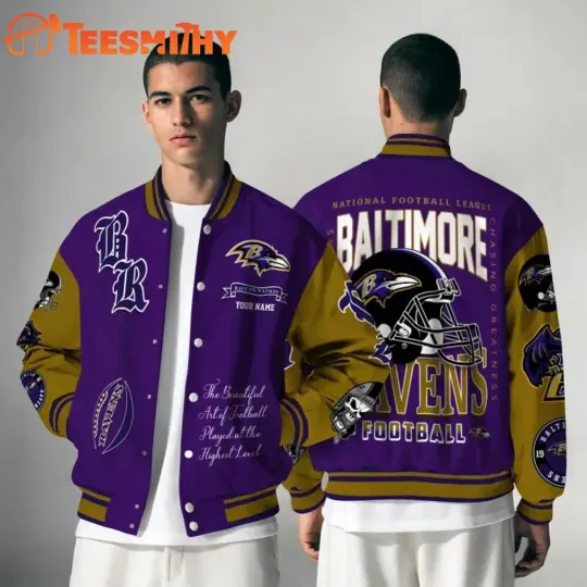 Discover Custom Baltimore Raven football Chasing Greatness Personalized Baseball Jacket