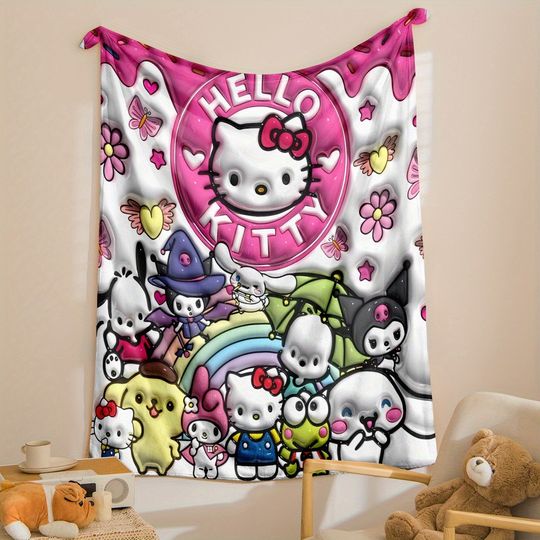Kawaii Hello Kitty & Sanrio Friends Throw Blanket, Cartoon-Themed Cozy Home Decor