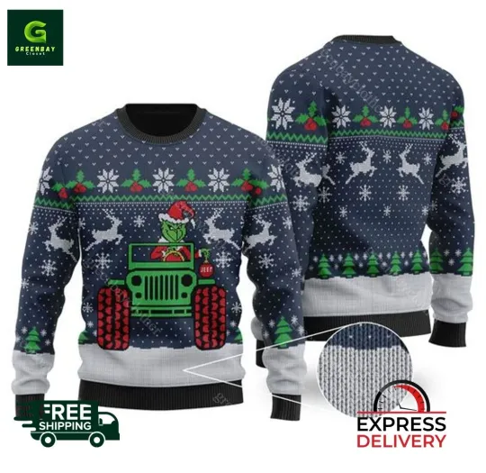 Discover funny character On A Jeep Navy Ugly Christmas Sweater