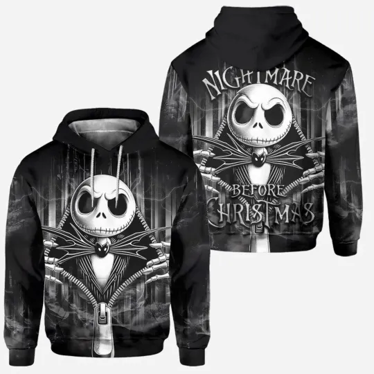 Discover Nightmare Before Christmas Jack Skellington Zipper Design Hoodie 3D Printed