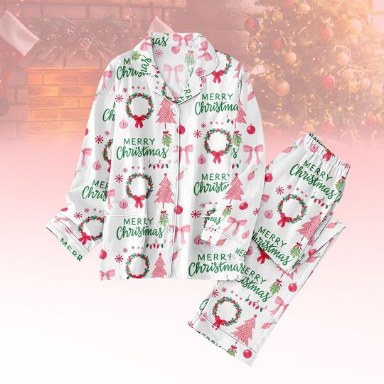 Discover Funny Merry Christmas Pajamas Set, Pine Christmas Tree Women Pajamas, Cute Xmas Wreath Holiday Pjs, Xmas Party Sleepwear For Family