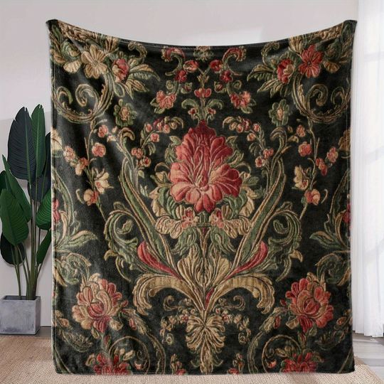[1pc Vintage Floral Blanket] 1pc Soft Warm Vintage Floral Print Flannel Blanket | All-Season Throw for Sofa, Bed, Car, Office