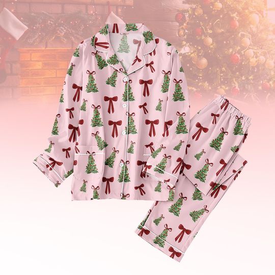 Discover Coquette Christmas Tree Pajamas Set, Pink Bows Xmas Pajamas, Merry Christmas Holiday Pajamas, Christmas Tree Matching Family Pjs Gifts
