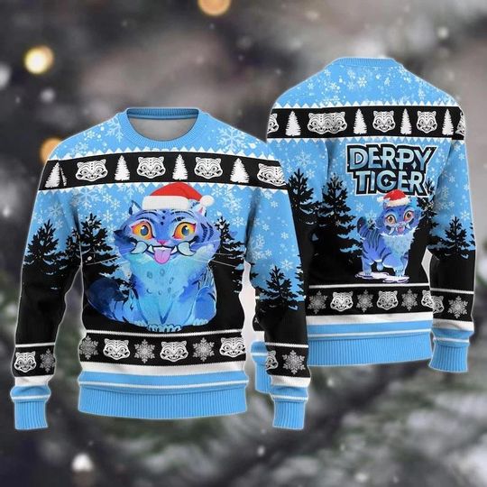 Derpy Tiger Ugly Christmas Sweater, Funny Blue Tiger Holiday Jumper,Cute Animal Christmas Sweatshirt, Gift for Men & Women Xmas Party Outfit