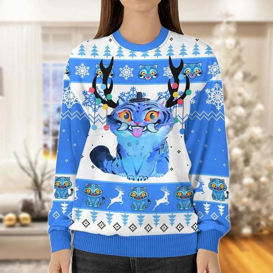 Discover Derpy Tiger Ugly Christmas Sweater, Funny Blue Tiger Holiday Jumper,Cute Animal Christmas Sweatshirt, Gift for Men & Women Xmas Party Outfit