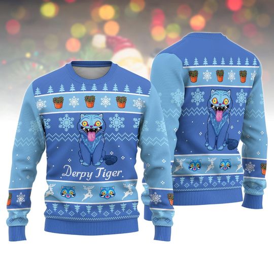 Derpy Tiger Ugly Sweater, Demon Tiger Cosplay Xmas Sweater, Blue Tiger Costume Sweater, Tiger Sweater For Men, Christmas Xmas Sweater