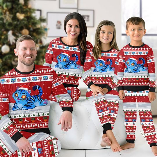 Discover Blue Tiger Christmas Pajamas, Cute Family Matching Pajamas, Holiday Red Xmas Sleepwear, Cozy Winter Outfit, Christmas Gift