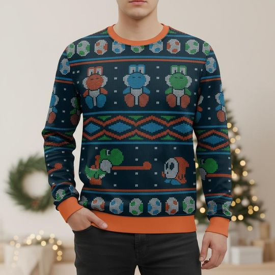 Discover Dino Pixel Ugly Christmas Sweater, Arcade Dinosaur Xmas Sweater, Funny Gamer Ugly Sweater, Mario Dino Sweater, Holiday Gift