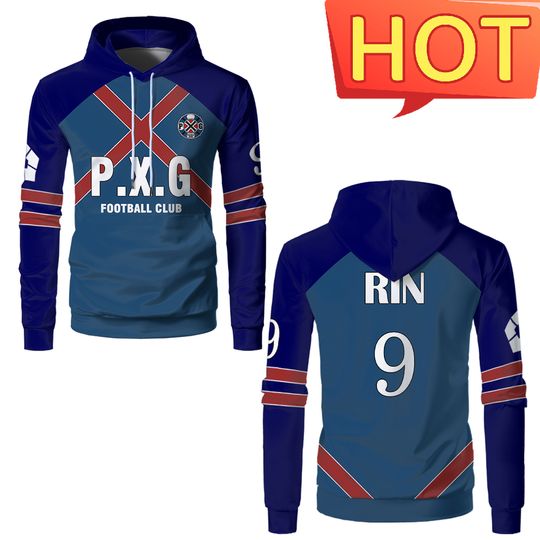 Discover Paris X Gen Blue Lock Sweatshirts Anime P.X.G Jersey Football Uniform No.9 Rin Shidou Cosplay Hoodies Customized Tracksuit Tops