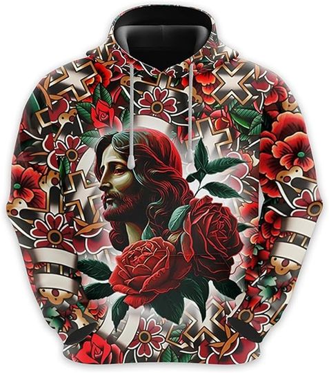 Men's 3D Digital Jesus Print Hoodie New In Casual Loose Fit Pullover Sweatshirt Mens Comfortable Plus Size Warm Hoody Top