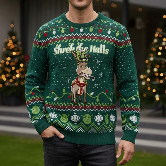 Shrek Ugly Christmas Sweater, Funny Shrekmas Sweatshirt, Shrek and Donkey Santa Hat Print Shirt, Animated Xmas Holiday Gift For Men Women