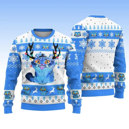 Christmas Derpy Tiger Ugly Sweater, Blue Tiger Xmas Sweater Demon Tiger Costumer