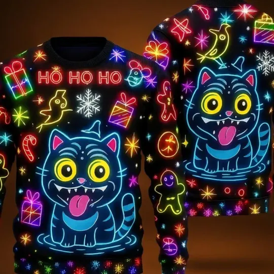 Derpy Tiger Neon Ugly Christmas Sweater, Light Up Xmas Kids Sweater Gift