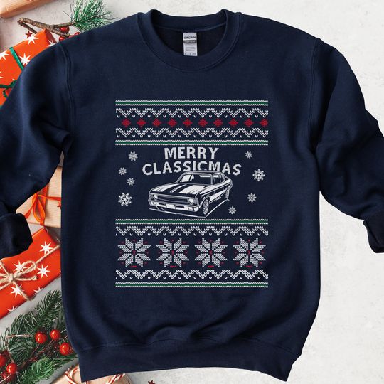 Muscle Car Christmas Sweatshirt, Merry Classicmas Ugly Xmas Sweater