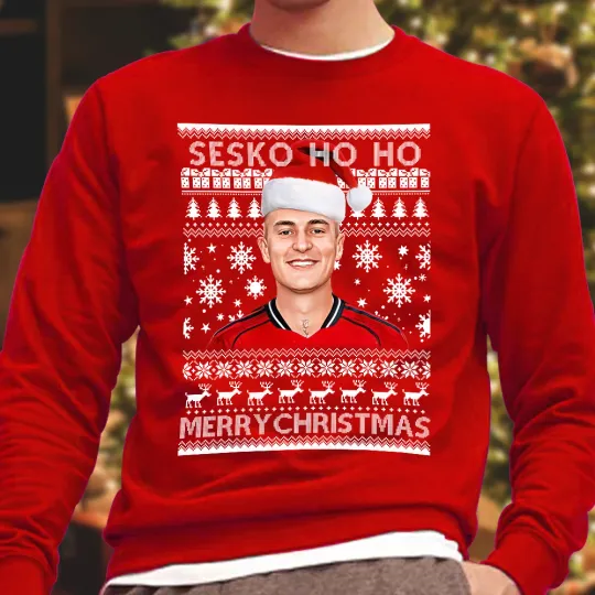 Discover Benjamin Sesko Ho Ho Red Christmas Jumper Adults & Kids Sizes Utd Manchester Man