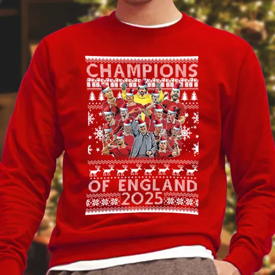 Liverpool Champions Of England 2025 Christmas Jumper Santa Hat Adults Kids Sizes