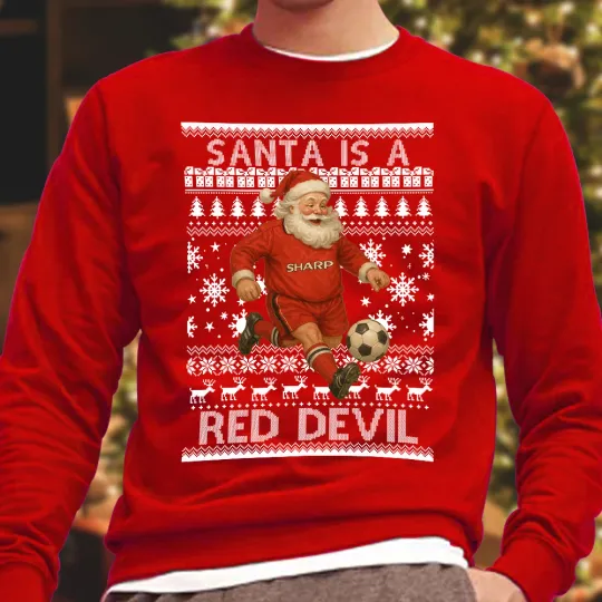 Discover Santa Is a Red Devil Utd Red Christmas Jumper Adults & Kids Sizes Utd Manchester