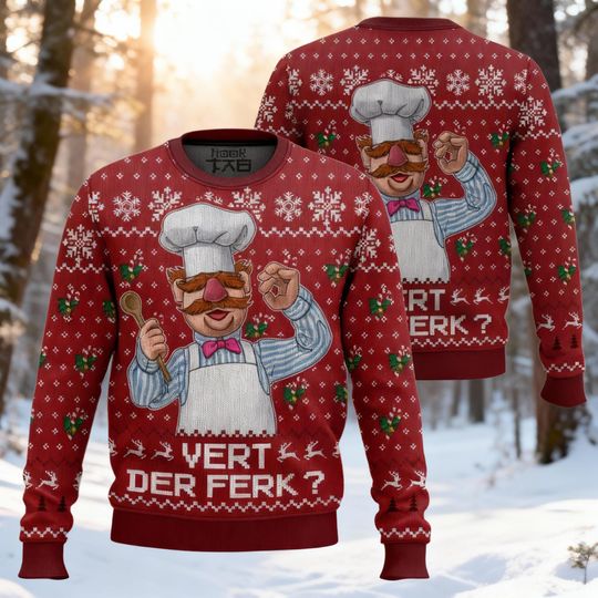 Discover Vert The Pig? Head Chef Ugly Christmas Sweater | Funny Swedish Chef Parody Jumper | Kitchen Chaos Holiday Sweater | Muppet fan poison