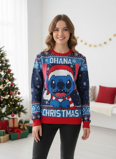 Discover Disney Stitch Christmas Ugly Sweater, Ohana Means Family Holiday Sweater, Disney Cartoon Christmas Sweater, Magic Kingdom Sweater