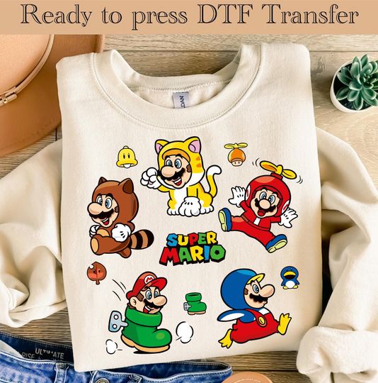 Super Mario Family DTF Sweatshirt Transfers  Super Mario Character Ready-to-Press Transfers  Super Mario Birthday