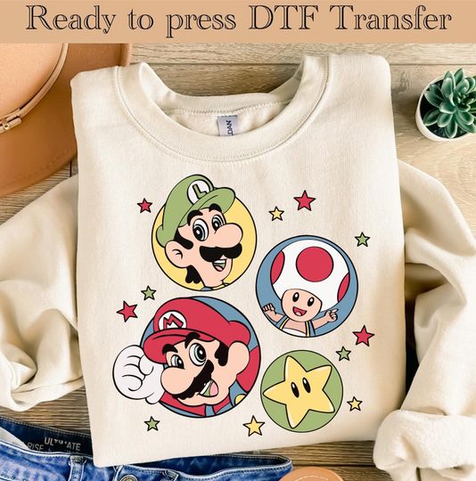 Super Mario Family Sweatshirt Transfers  Super Mario Character Ready-to-Press Transfers  Super Mario Birthday Fabric Transfers
