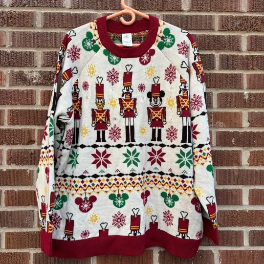 Discover Disney Parks Ugly Sweater Men's Cream Red Christmas Nutcracker Mickey Lights