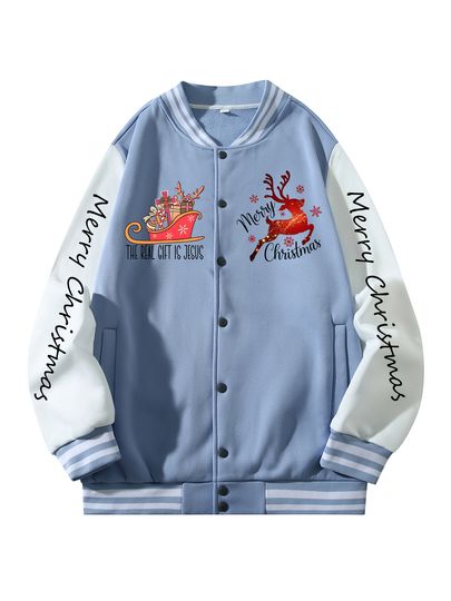 Discover Black Blue Green Double-sided Christmas Print XS-XXL Unisex Baseball Jacket Streetwear Coat Warm Fleece Soft Jacket