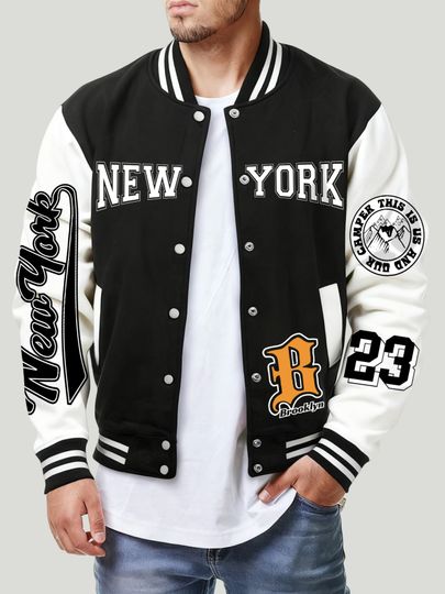 Discover New York Brooklyn Number 23 Print Male Baseball Jacket Vintage  Fleece Coat Sport Casual Loose Clothing Button Oversize Tops Men