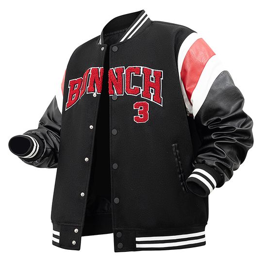 Discover Mens Varsity Bomber Jackets Black Vintage Letter  Loose Baseball Coats Faux Wool+Leather Bomber Jacket For Fall&winter