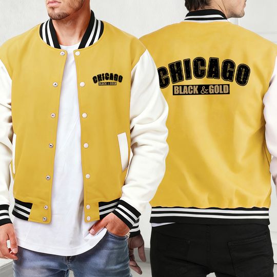 Discover Chicago Black Gold Print Autumn&nbsp;Winter Jackets Man'S Street Vintage Veste Basics Button Clothes Fashion Soft Baseball Uniform