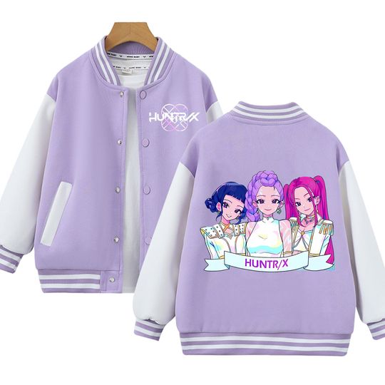 Discover KPop Demon Hunters Baseball Uniform for Children Kawaii Cartoon Coat Purple Jacket Fashion Anime Clothes Kids Long Sleeves Gift