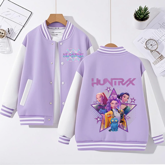 KPop Demon Hunters Children Baseball Uniform Cute Cartoon Fashion Coat Sweet Girls Sport Casual Spring Autumn Purple Jacket Tops