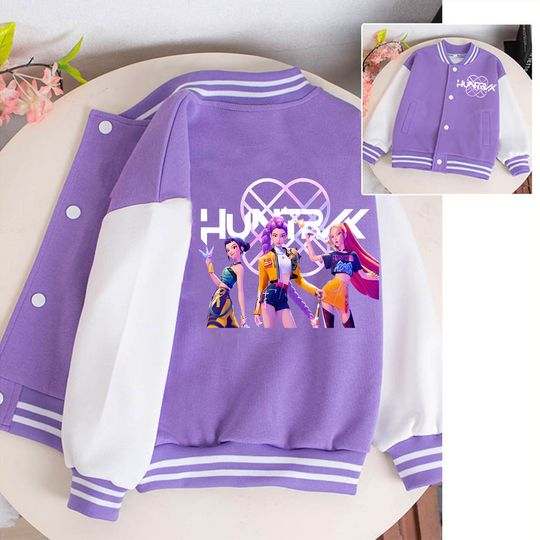 Discover Kpop Demon Hunters Baseball Uniform for Children Kawaii Cartoon Coat Purple Jacket Fashion Anime Clothes Kids Long Sleeves Gift