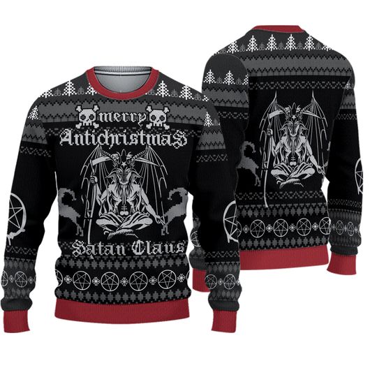 Merry Antichristmas Satan Claus Sweater, Gothic Baphomet Xmas Ugly Sweater, Dark Humor Holiday Jumper, Occult Christmas Gift for Him Her