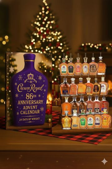 Crown Royal 86th Anniversary Advent Calendar 2025, 24 Days of Whisky Gift Box, Premium Whiskey Advent Calendar 2D Arcylic Ornament Decor Set