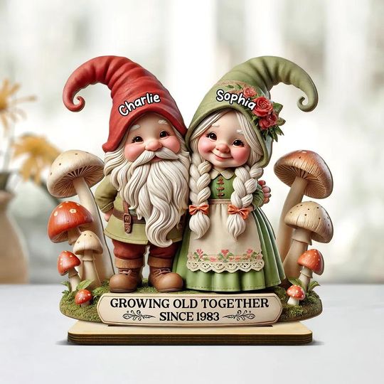 3D Effect Whimsical Gnome Couple Personalized Standing Wooden Plaque, Heartfelt Gift For Couple, For Him, For Her, Husband, Wife