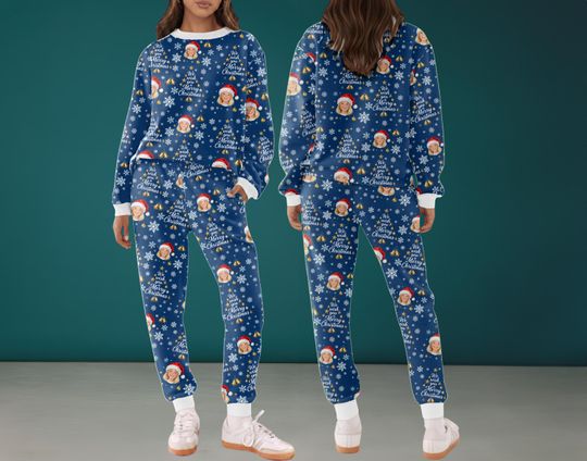 Custom Photo Coral Fleece Pajama Set, Personalized Face Lounge Set