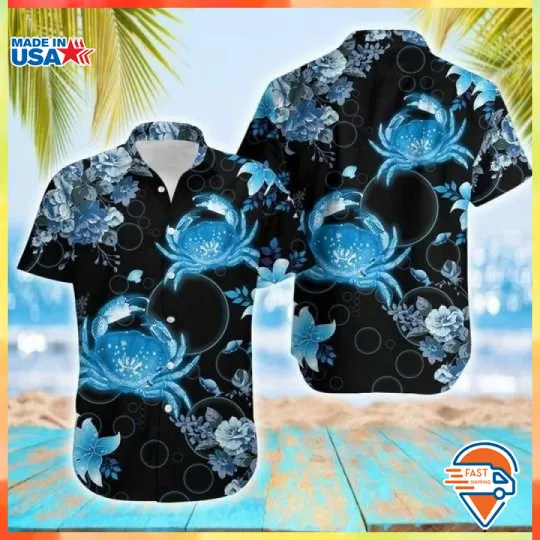 Discover Blue Crab Tropical Black Unisex Hawaiian Short Sleeve Button Shirt