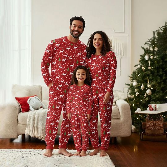 Reindeer Christmas Matching Family Pajamas Set, Christmas Tree Pajamas
