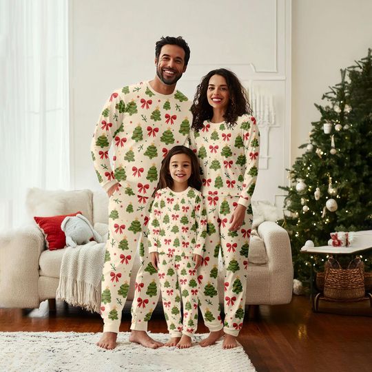 Discover Christmas Tree Family Pajamas Set, Christmas Coquette Bows Holiday Pajamas
