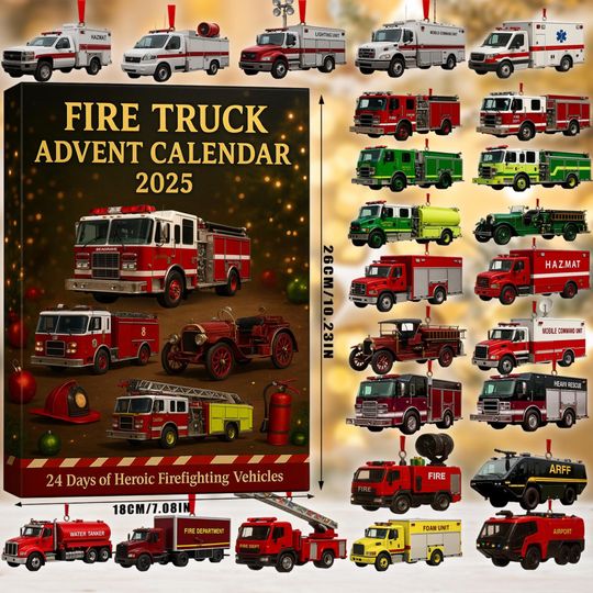 Discover Acrylic Advent Calendar 2025 Fire Truck Ornaments 24-Day Countdown Firefighting Vehicle Decor Vintage Fire Engine
