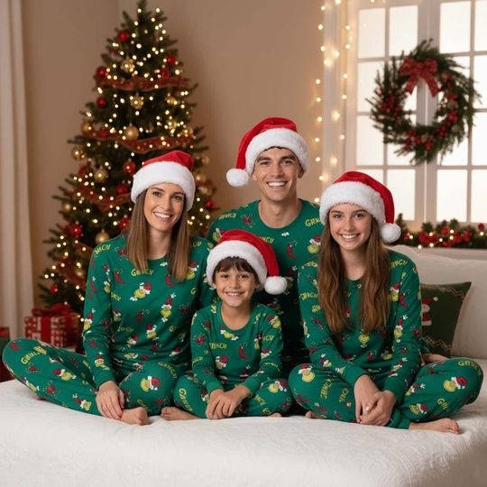 Discover Green Monster Christmas Pajamas Set, Green Cartoon Santa Hat Pajamas Family, Movie Matching Holiday Pajamas, Fun Xmas Gift