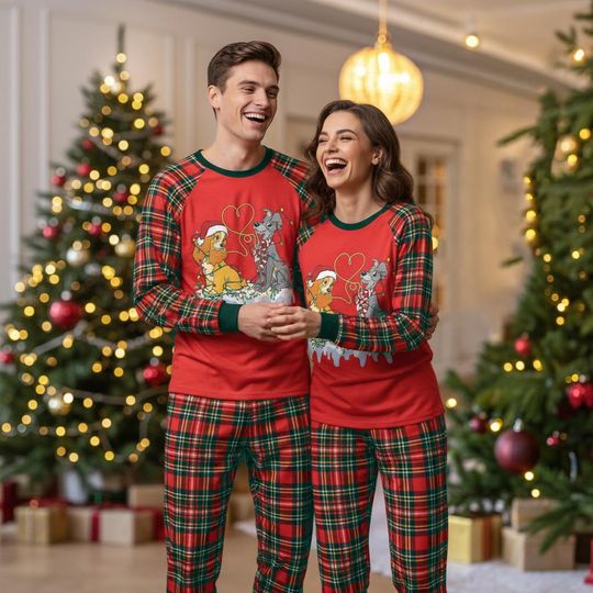 Discover Lady and the Tramp Christmas Lights Plaid Pajamas, Disney Dog Lovers Christmas PJs