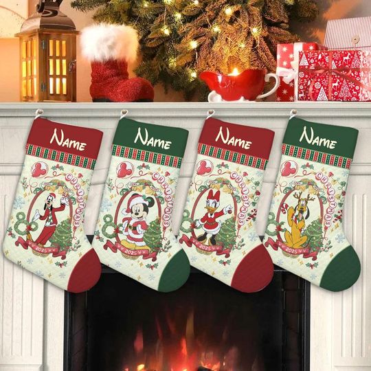 Discover Personalized All Characters Mickey & Friends Christmas Stockings, Disney Family Christmas Gifts 2025, Coquette Christmas Stockings With Name