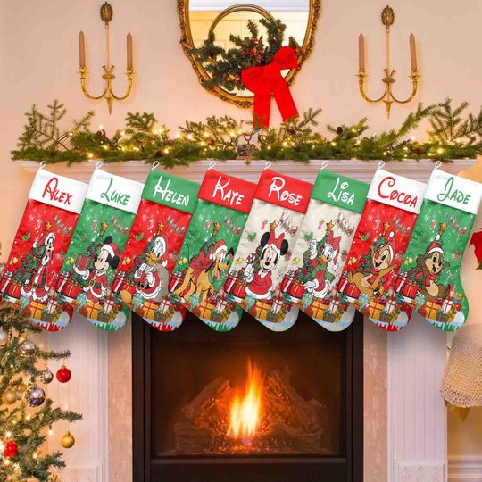 Discover Personalized Multi-character Mickey And Friends Christmas Stocking, Custom Disney Christmas Stocking With Family Name, Disney Christmas Gift