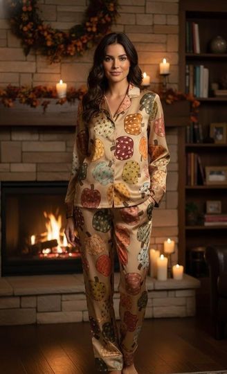 Discover Retro Pumpkin Print Pajama Set, Cozy Fall Sleepwear