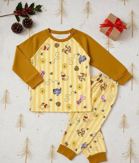 Piglet Tigger Eeyore Yellow Satin Sleepwear, Matching Family PJs, Cozy Cartoon Nightwear
